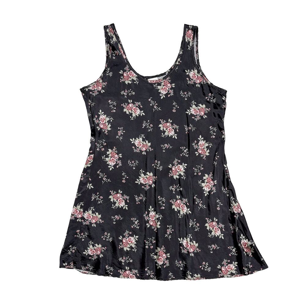 Y2K Sostanza Mini Floral Skater Slip Dress Size L Black Pink Fairy VTG 90s USA